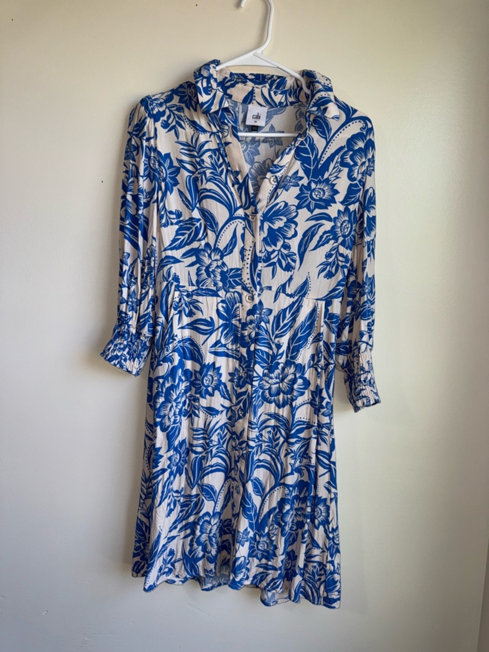 Cabi Blue White Floral Button Front Shirt Dress XS with pockets